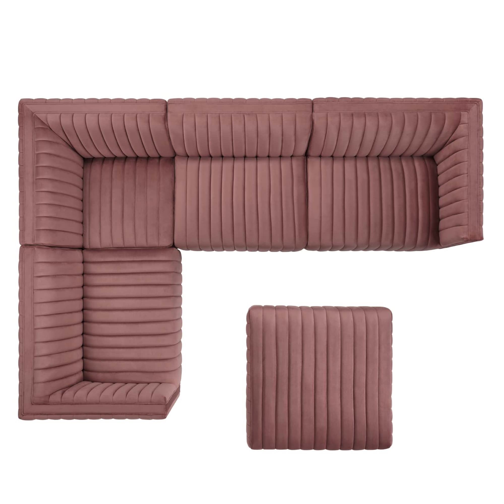 Modway Conjure 5-Piece Velvet Stainless Steel Sectional Sofa In Gold/Dusty Rose